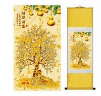 Chinese Art Scroll Painting <br>with Golden Money Tree, Wu Lou, Turtle dragon design 100cm X 30cm