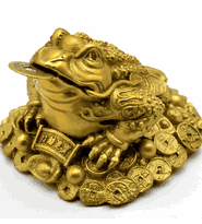 Feng shui Brass three legged money frog <br> sitting on money and ingots 4.5 inch