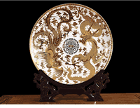 Feng shui for Love -<br> Large Golden Chinese dragon & Phoenix design ceramic plate