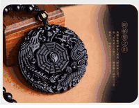 Natural Black Obsidian Carving feng shui Bagua with dragon & Phoenix design lucky pendant  