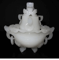 Natural White Jade Incense burner with dragons and a lion 6 inch 