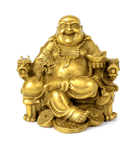 Pure copper Laughing Buddha sitting on money with guardians,  4.3 inch