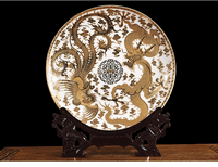 Feng shui for Love -<br> Large Golden Chinese dragon & Phoenix design ceramic plate