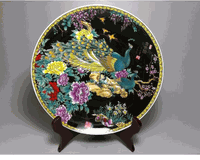 Large Porcelain Plate - Old hand painted Peacock design
