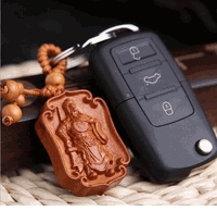 Lucky amulet -<br> Lucky Wood carving Kuan Kung ( Guan Gong ) design key chain