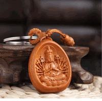 Lucky Amulet -<br> Natural wood Kwan yin with Thousand Hands Key chain 